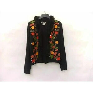 Victoria Harbour Women's Cardigan Sweater Black Floral Applique Faux Fur M